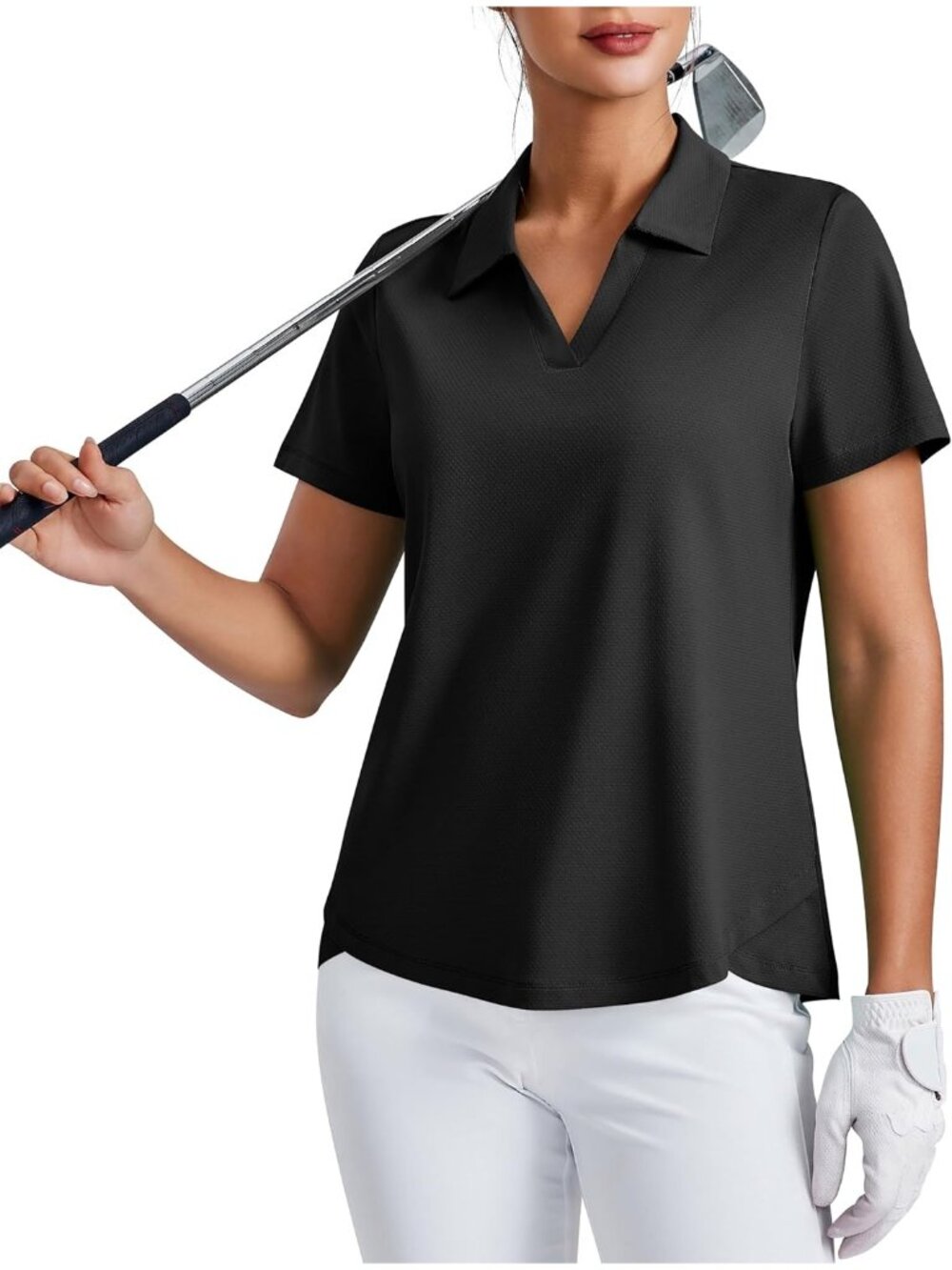 Womens Black Golf Shirt UPF50+ Short Sleeve V-Neck Tennis Collared Tops